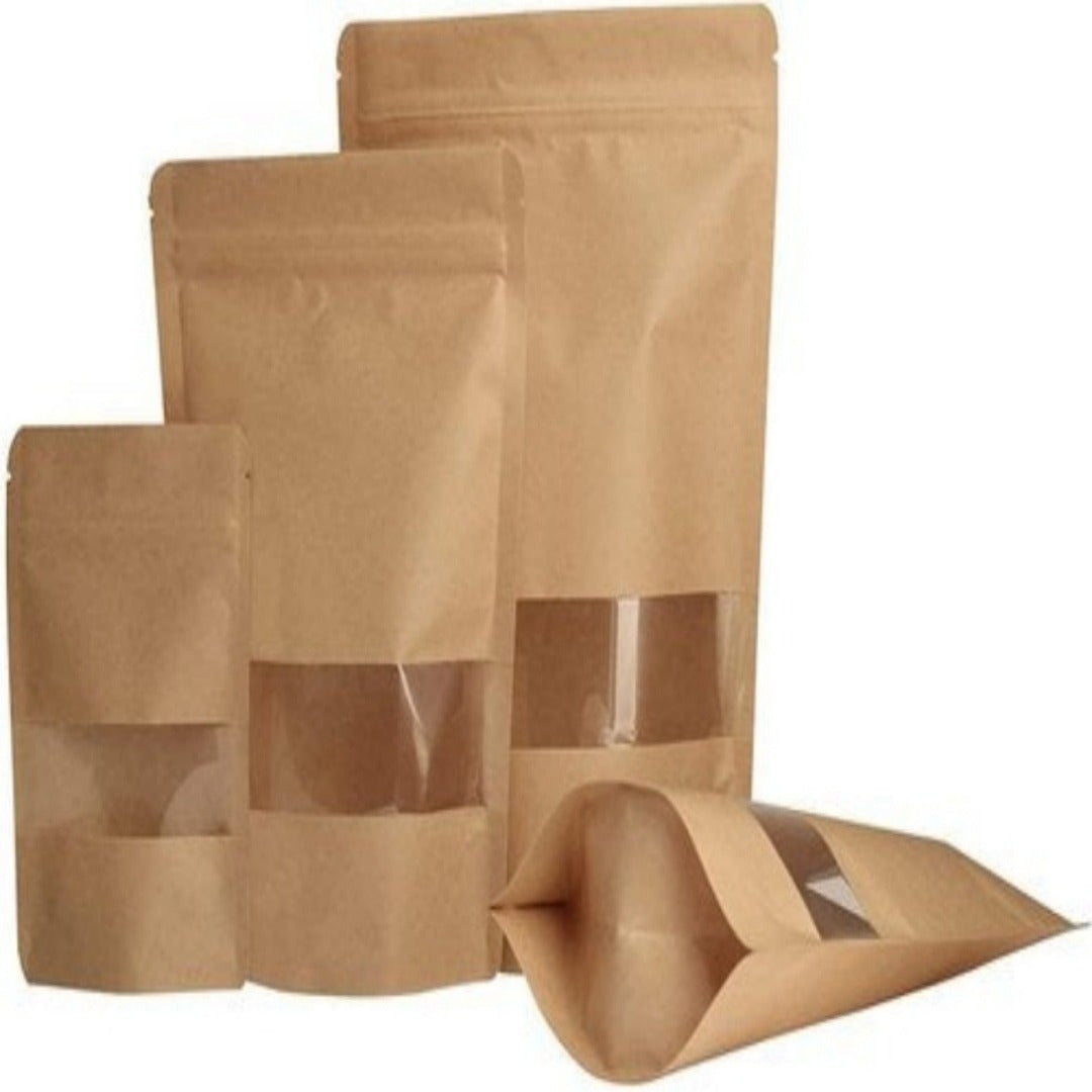 Buy Brown Kraft Paper Stand Up Pouch with Window & Zipper (Inner Foil Lined) Online in India - The Art Connect