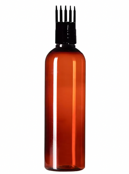 Amber Hair Oil Round Plastic Dispenser Bottle Curved Top + Black Applicator Comb + Inner Lid (200ml)