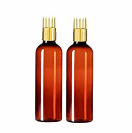 Amber Hair Oil Round Plastic Dispenser Bottle Curved Top + Gold Applicator Comb + Inner Lid (200ml)