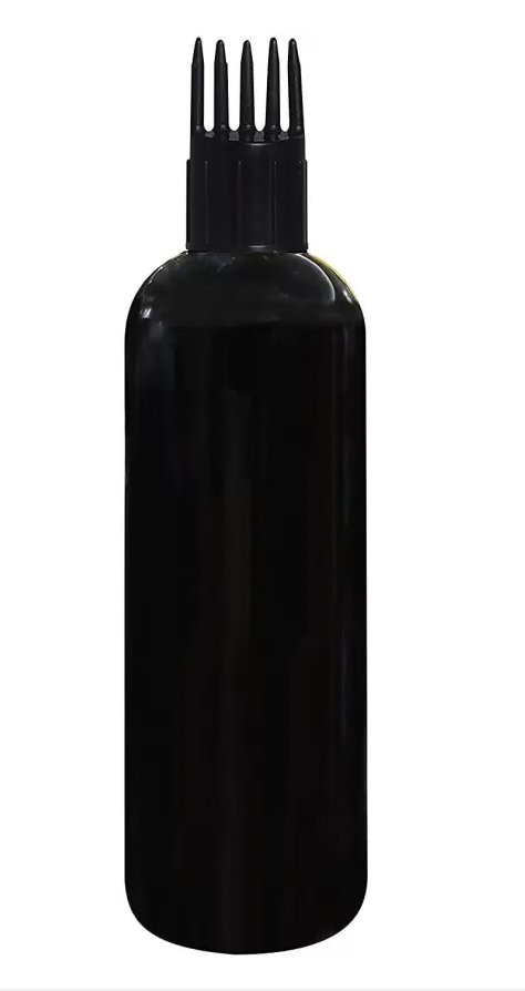 Black Hair Oil Round Plastic Dispenser Bottle Curved Top + Black Applicator Comb + Inner Lid (200ml)