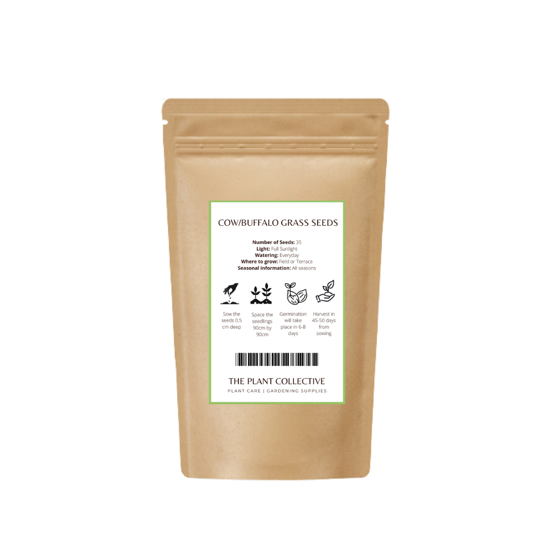 Brown colour stand up pouch packaging for Cow/Buffalo Grass Seeds with label containing sowing and harvesting information