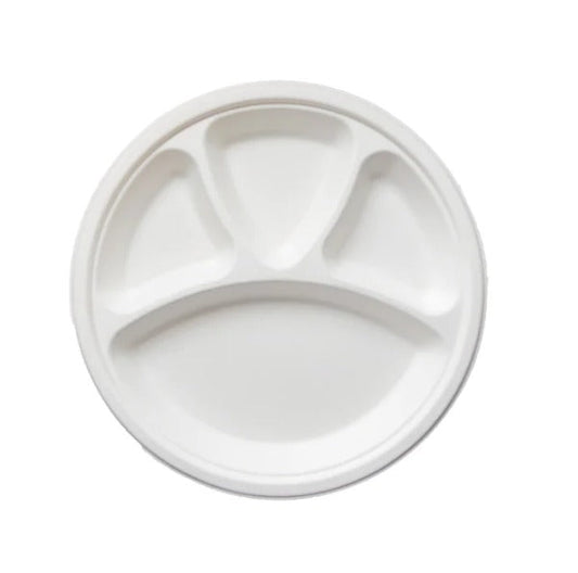 11 Inch Round Four Compartment Food-Grade Bagasse Plate (Eco-Friendly, Sustainable, Biodegradable & Compostable)