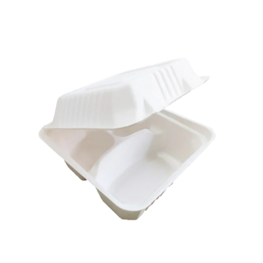 8 Inch, 3 Compartment Clamshell Bagasse Takeaway Container (Eco-Friendly, Sustainable, Biodegradable & Compostable)