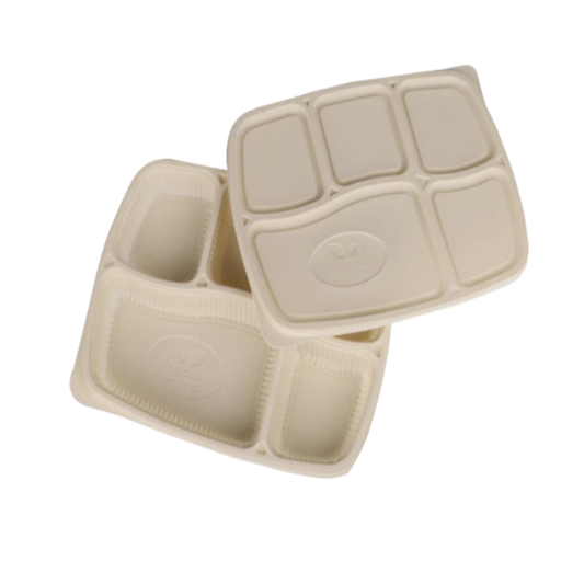 5 Compartment Rectangle Cornstarch-Based Bio-Plastic Takeaway Tray with Lid (Eco-Friendly, Sustainable & Compostable)